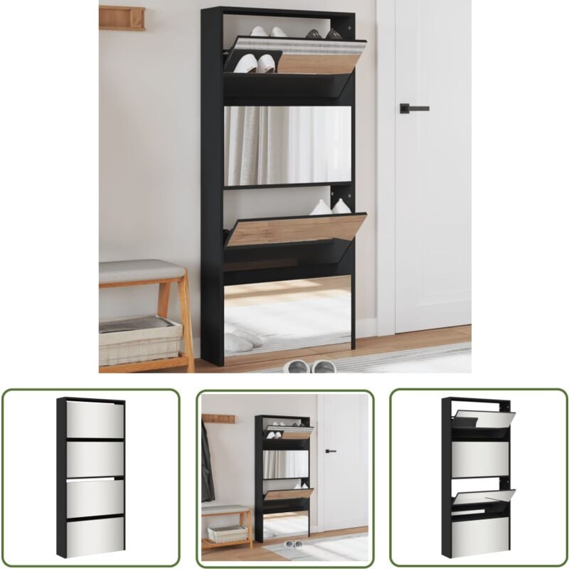 The Living Store - Schuhschrank mit Spiegel 4 Fächer Schwarz 63x17x134 cm - Schuhschrank - Schrank - Garderobe - Einbauschrank - Schuhregal