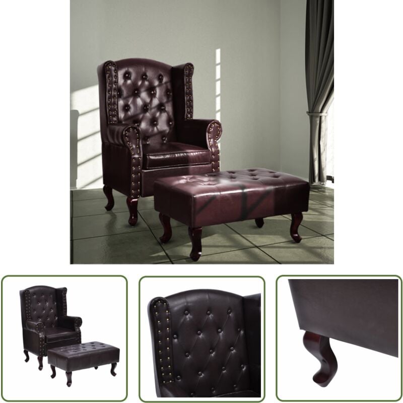 The Living Store Sessel mit Fußhocker Dunkelbraun Kunstleder - Chesterfield Sessel - Leder Sessel - Wohnzimmersessel - Lounge Sessel - Beistelltisch