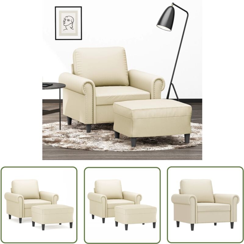 The Living Store - Sessel mit Hocker Creme 60 cm Kunstleder - Sofa - Sessel - Lounge Chair - Beistelltisch - Couch