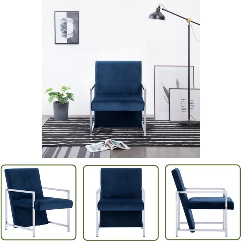 The Living Store Sessel mit verchromten Füßen Blau Samt - Samtsessel - Wohnzimmersessel - Beistelltisch - Blau - Sessel Mit Armlehnen