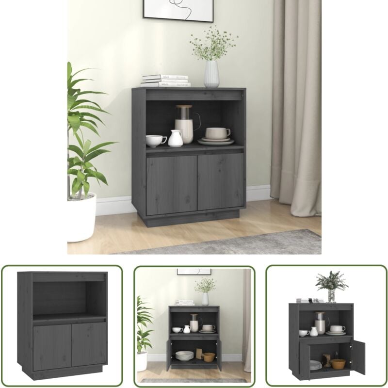 Sideboard Grau 60x34x75 cm Massivholz Kiefer - Holz Sideboard - Kiefernholzmöbel - Grau Sideboard - Wohnraumorganisation - Regal - The Living Store