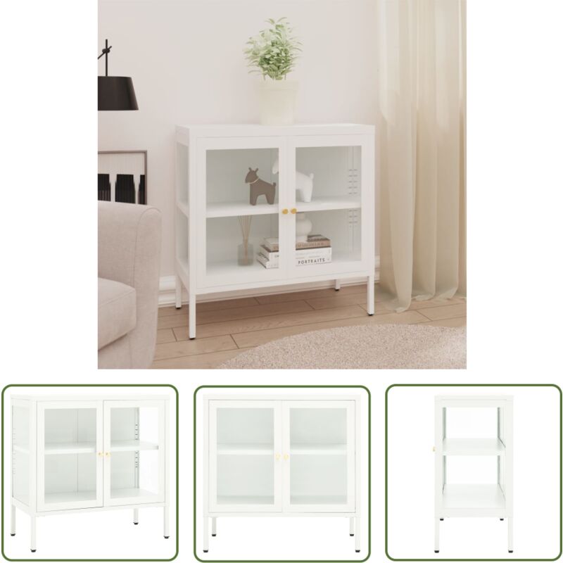 Sideboard Weiß 70x35x70 cm Stahl und Glas - Sideboard - Wohnwand - TV-Schrank - Aufbewahrung - Weißes Möbelstück - The Living Store