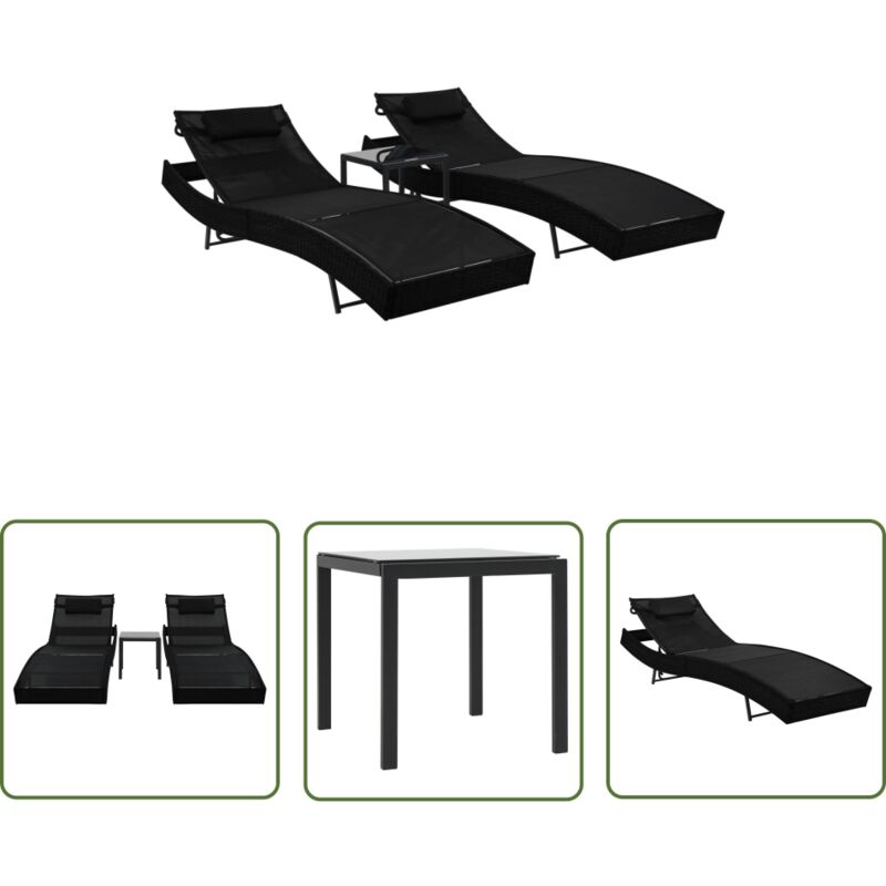 Sonnenliegen 2 Stk. mit Tisch Poly Rattan und Textilene Schwarz - Sonnenliegen - Gartenmöbel - Rattan Möbel - Outdoor Möbel - Lounge Möbel - The
