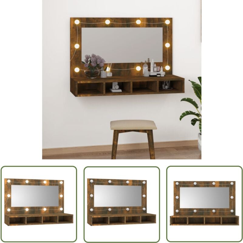 The Living Store Spiegelschrank mit LED Räuchereiche 90x31,5x62 cm - Spiegelschrank - LED Beleuchtung - Badezimmermöbel - Holzwerkstoff - Rauchfarbe