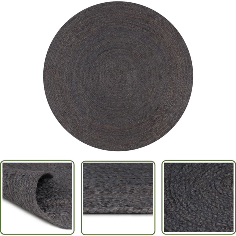 The Living Store - Teppich Handgefertigt Jute Rund 150 cm Dunkelgrau - Naturfaser Teppich - Jute Teppich - Runder Teppich - Wohnzimmer Teppich