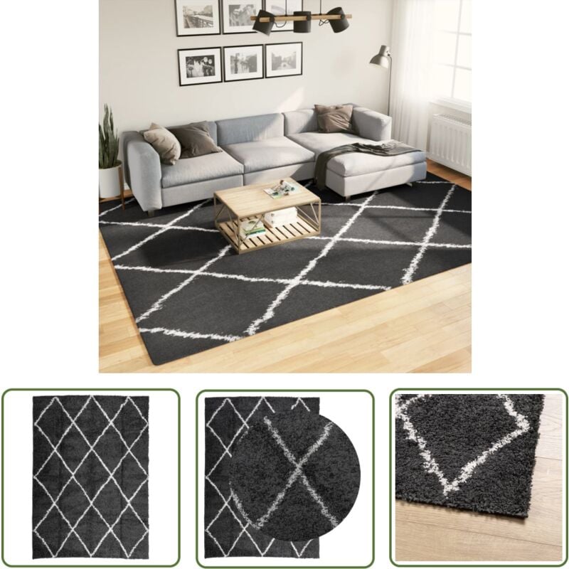 The Living Store Teppich Shaggy Hochflor Modern Schwarz und Creme 240x340 cm - Shaggy Teppich - Hochflor Teppich - Wohnzimmer Teppich - Schlafzimmer