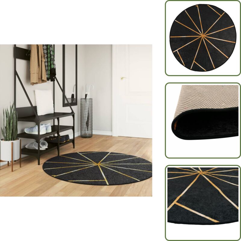 Teppich Waschbar Schwarz und Golden ø 120 cm Rutschfest - Samt Teppich - Wohnzimmerteppich - Rund Teppich - Schwarz Gold - Antibakterieller Teppich