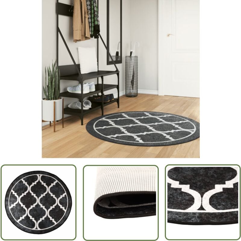 The Living Store - Teppich Waschbar Schwarz und Weiß ø 120 cm Rutschfest - Samt Teppich - Wohnzimmerteppich - Rund Teppich - Schwarz Weiß