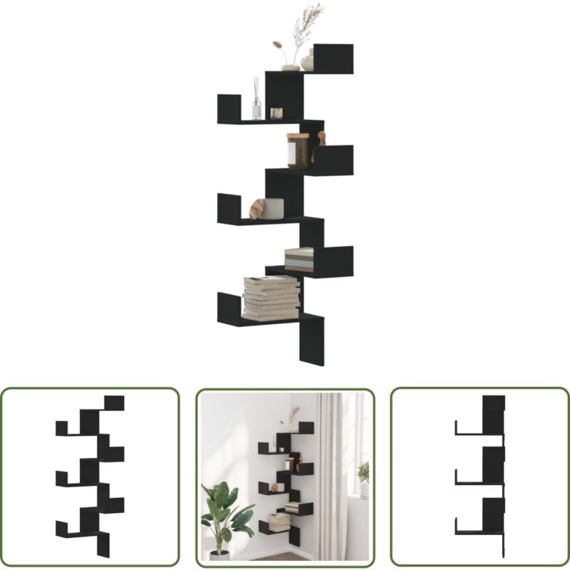 The Living Store - Wand-Eckregal Schwarz 45x45x147 cm Holzwerkstoff - Wand Regal - Eckschrank - Regal Schwarz - Holzwerkstoff Regal - Platzsparend