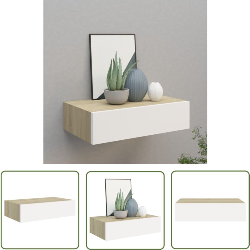 The Living Store - Wandregal mit Schublade Eichen-Optik und Weiß 40x23,5x10 cm mdf - Wandregal - Regal Mit Schublade - Eichene Optik - Weißes Regal