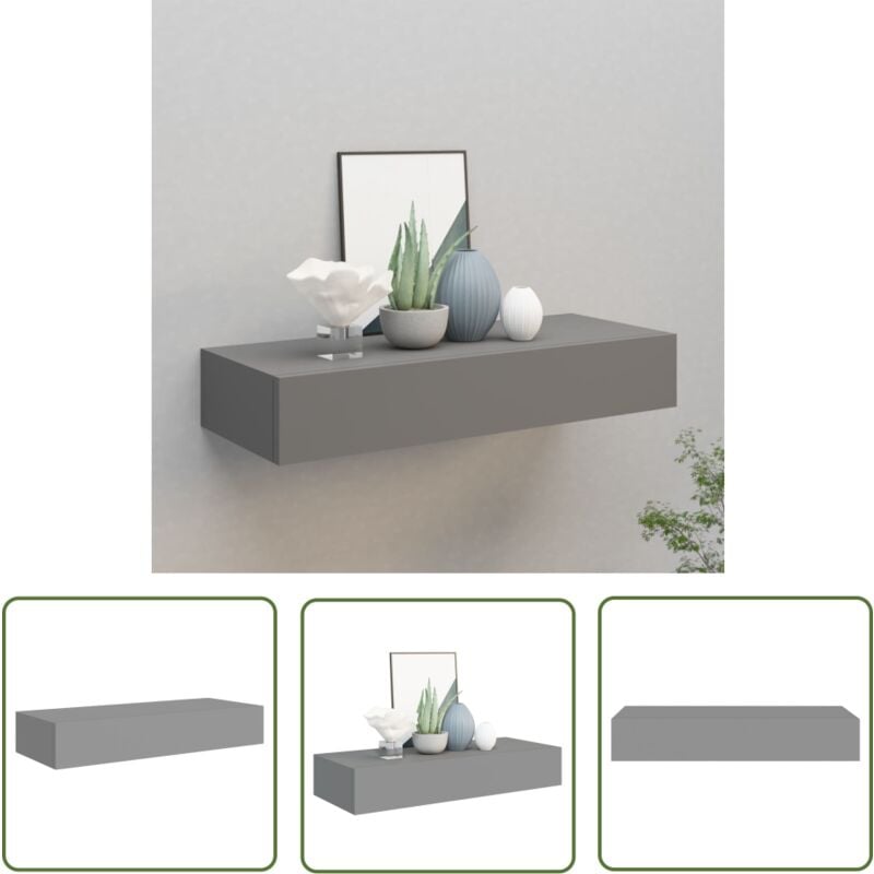 The Living Store - Wandregal mit Schublade Grau 60x23,5x10 cm mdf - Wandregal - Regal Mit Schublade - Nachttisch - Wohnzimmerdeko