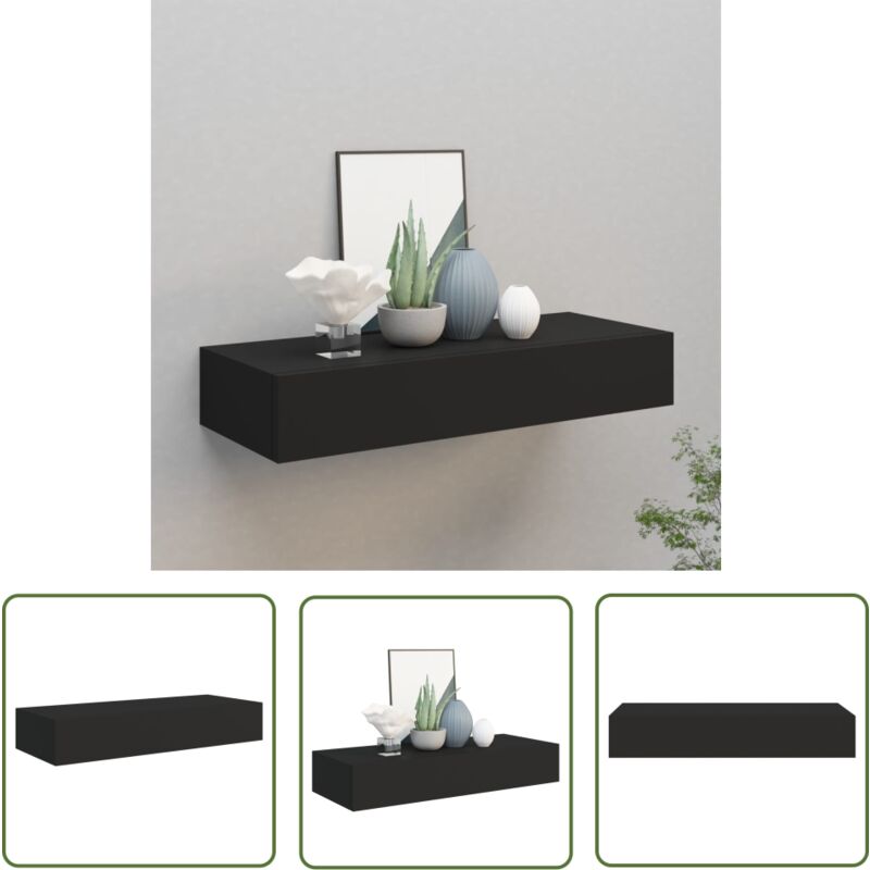 The Living Store - Wandregal mit Schublade Schwarz 60x23,5x10 cm mdf - Wandregal - Regal Schwarz - Regal Mit Schublade - Möbel Für Wohnzimmer