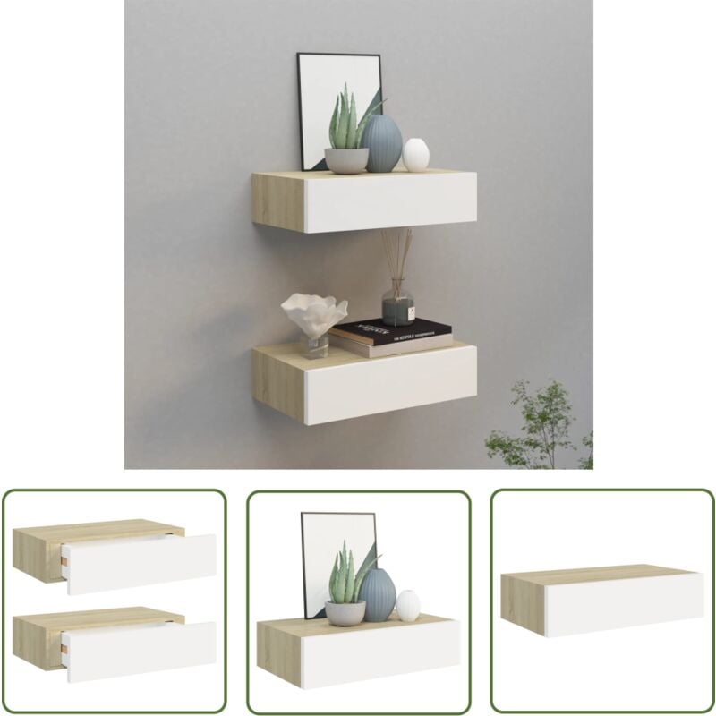 The Living Store Wandregale mit Schubladen 2 Stk. Eichen-Optik Weiß 40x23,5x10cm - Wand Regal - Regal Mit Schublade - Holz Regal - Eichene Optik