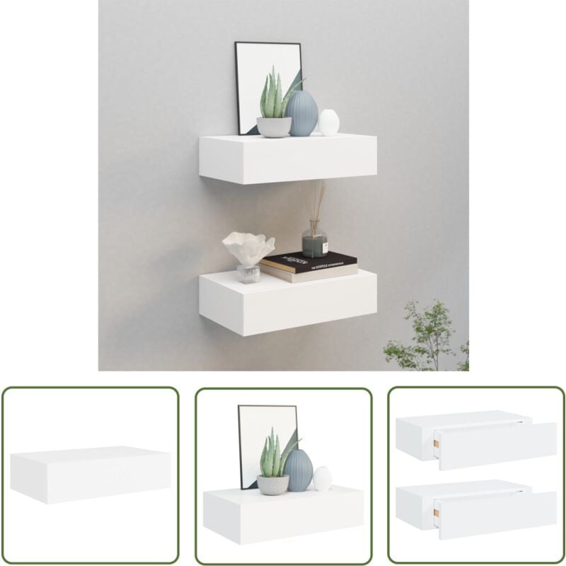 The Living Store - Wandregale mit Schubladen 2 Stk. Weiß 40x23,5x10 cm mdf - Wand Regal - Regal Mit Schublade - Weißes Regal - Möbel Für Wohnzimmer