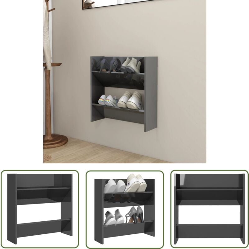 The Living Store - Wand-Schuhschrank Hochglanz-Grau 60x18x60 cm Holzwerkstoff - Wand-Schuhschrank - Schuhschrank - Garderobe - Schrank - Regal