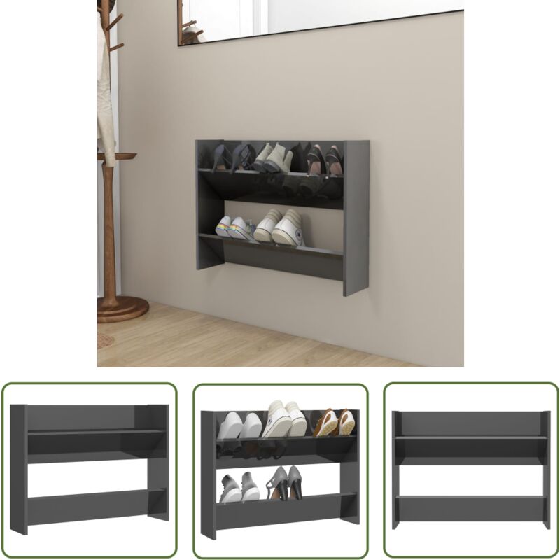 The Living Store - Wand-Schuhschrank Hochglanz-Grau 80x18x60 cm Holzwerkstoff - Wand-Schuhschrank - Schuhschrank - Schuhorganisation - Garderobe