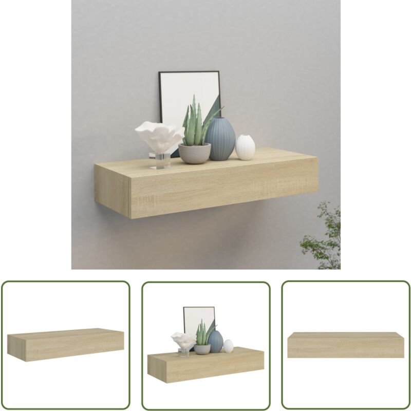 The Living Store Wandregal mit Schublade Eichen-Optik 60x23,5x10 cm MDF - Wand Regal - Regal Mit Schublade - Holz Optik - Eiche Farbton - Wohnzimmer