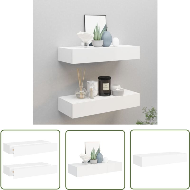 Devenirriche - The Living Store Wandregale mit Schubladen 2 Stk. Weiß 60x23,5x10 cm mdf - Wand Regal - Regal Mit Schublade - Weißes Regal - Möbel Für