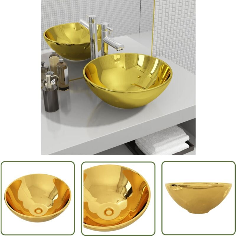 The Living Store - Waschbecken 32,5 x 14 cm Keramik Golden - Rundes Waschbecken - Goldenes Waschbecken - Keramik-Waschbecken - Aufsatzwaschbecken