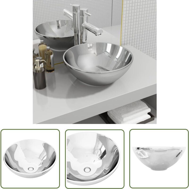 Abcrital - The Living Store Waschbecken 32,5 x 14 cm Keramik Silbern - Rundes Waschbecken - Keramik Waschbecken - Badezimmer Waschbecken - Edelstahl