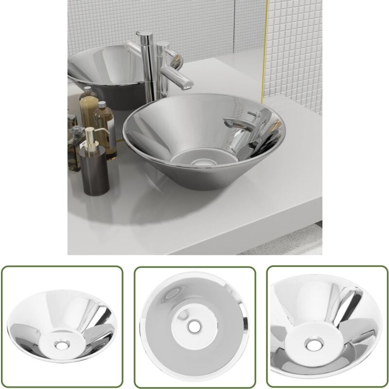 The Living Store Waschbecken 42 x 14 cm Keramik Silbern - Rundes Waschbecken - Keramik Waschbecken - Silbernes Waschbecken - Aufsatzwaschbecken