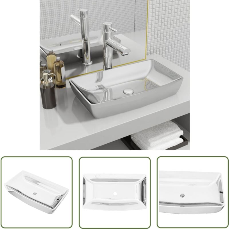 The Living Store - Waschbecken 71 x 38 x 13,5 cm Keramik Silbern - Quadratisches Waschbecken - Keramik Waschbecken - Silbernes Waschbecken