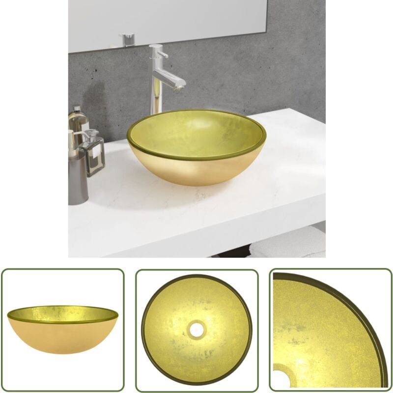 The Living Store - Waschbecken Hartglas 35x12 cm Golden - Badezimmer Waschbecken - Aufsatzwaschbecken - Glas Waschbecken - Designer Waschbecken