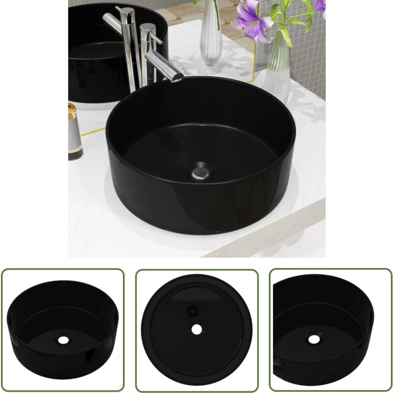 The Living Store - Waschbecken Keramik Rund Schwarz 40 x 15 cm - Waschbecken - Keramikwaschbecken - Rundes Waschbecken - Schwarzes Waschbecken