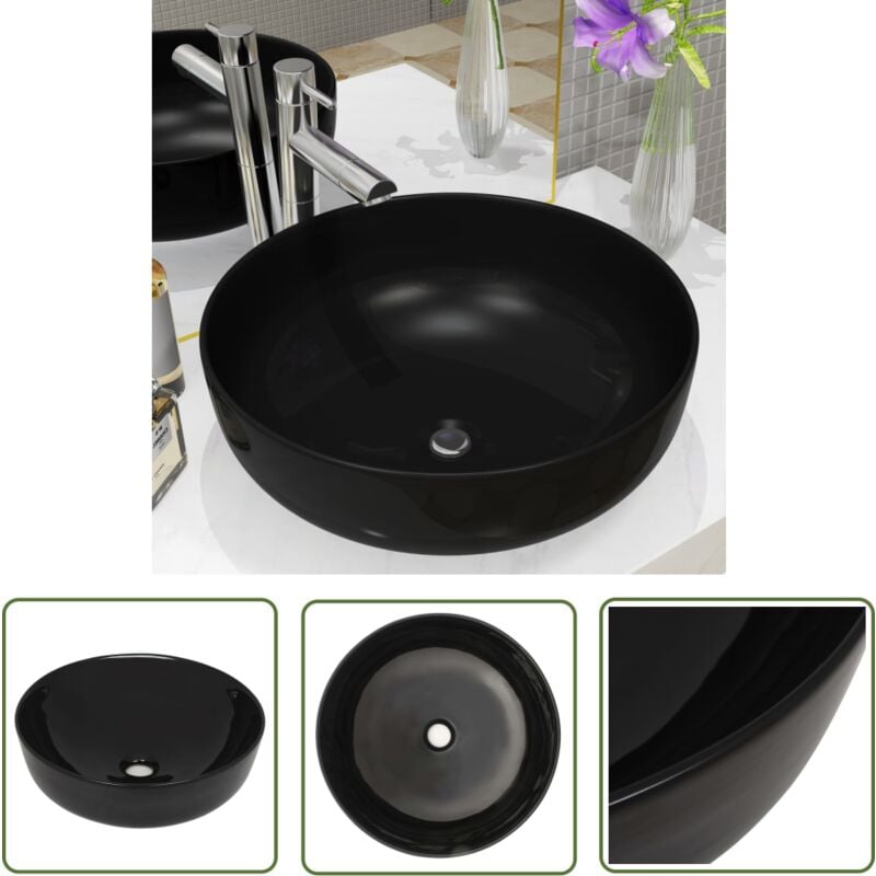 The Living Store - Waschbecken Keramik Rund Schwarz 41,5 x 13,5 cm - Waschbecken - Keramikwaschbecken - Rundes Waschbecken - Schwarzes Waschbecken
