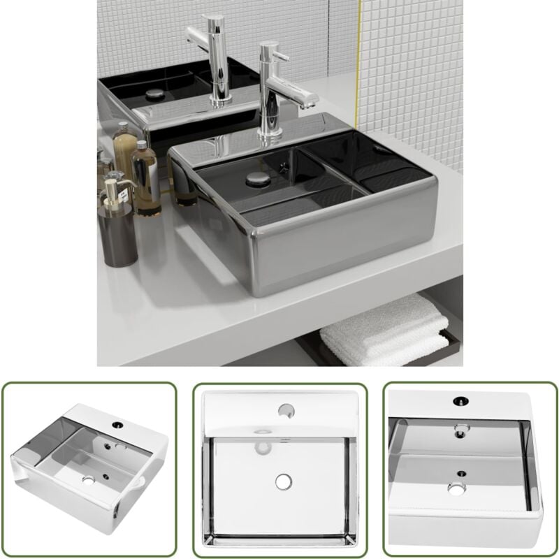 The Living Store - Waschbecken mit Überlauf 41 x 41 x 15 cm Keramik Silbern - Quadratisches Waschbecken - Keramik Waschbecken - Silbernes Waschbecken