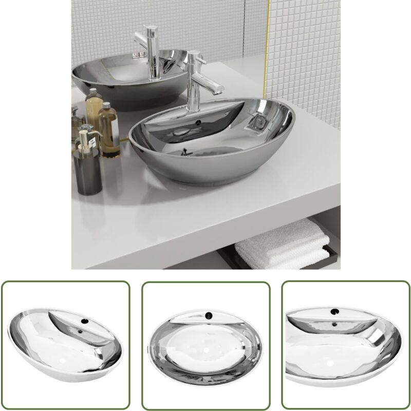 The Living Store - Waschbecken mit Überlauf 58,5 x 39 x 21 cm Keramik Silbern - Ovales Waschbecken - Keramik Waschbecken - Silberner Waschbecken