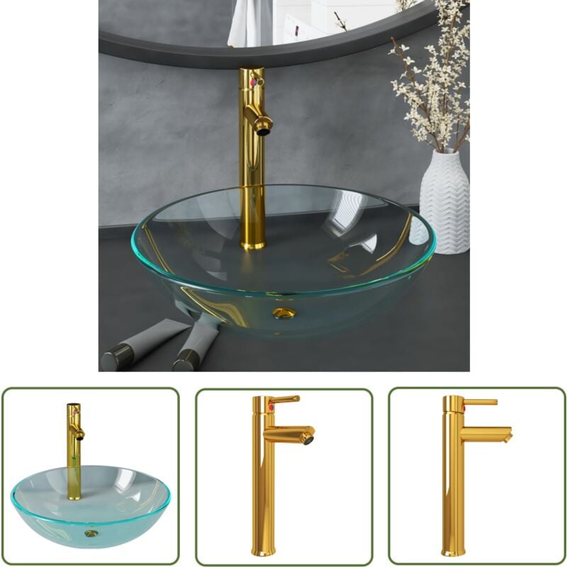 The Living Store - Waschbecken mit Wasserhahn und Ablaufgarnitur aus gehärtetem - Rundes Waschbecken - Glas Waschbecken - Designer Waschbecken