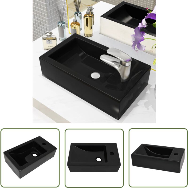 The Living Store - Waschbecken Rechteckig + Hahnloch Keramik Schwarz 46x25,5x12 cm - Waschbecken - Keramikwaschbecken - Schwarzes Waschbecken
