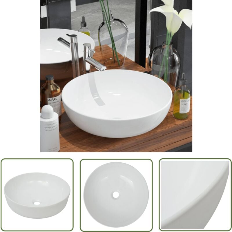 The Living Store - Waschbecken Rund Keramik Weiß 41,5 x 13,5 cm - Waschbecken - Keramikwaschbecken - Rundes Waschbecken - Weißes Waschbecken