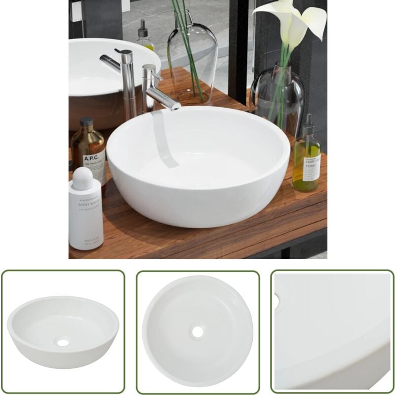 The Living Store - Waschbecken Rund Keramik Weiß 42 x 12 cm - Waschbecken - Keramikwaschbecken - Rundes Waschbecken - Weißes Waschbecken