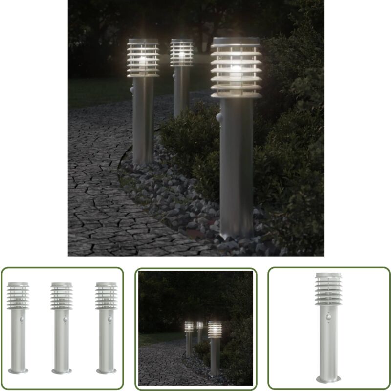 Wegeleuchten mit Bewegungsmelder 3 Stk. Silbern 60 cm Edelstahl - Outdoor-Beleuchtung - Gartenlampe - LED-Lampe - Bewegungsgesteuerte Beleuchtung