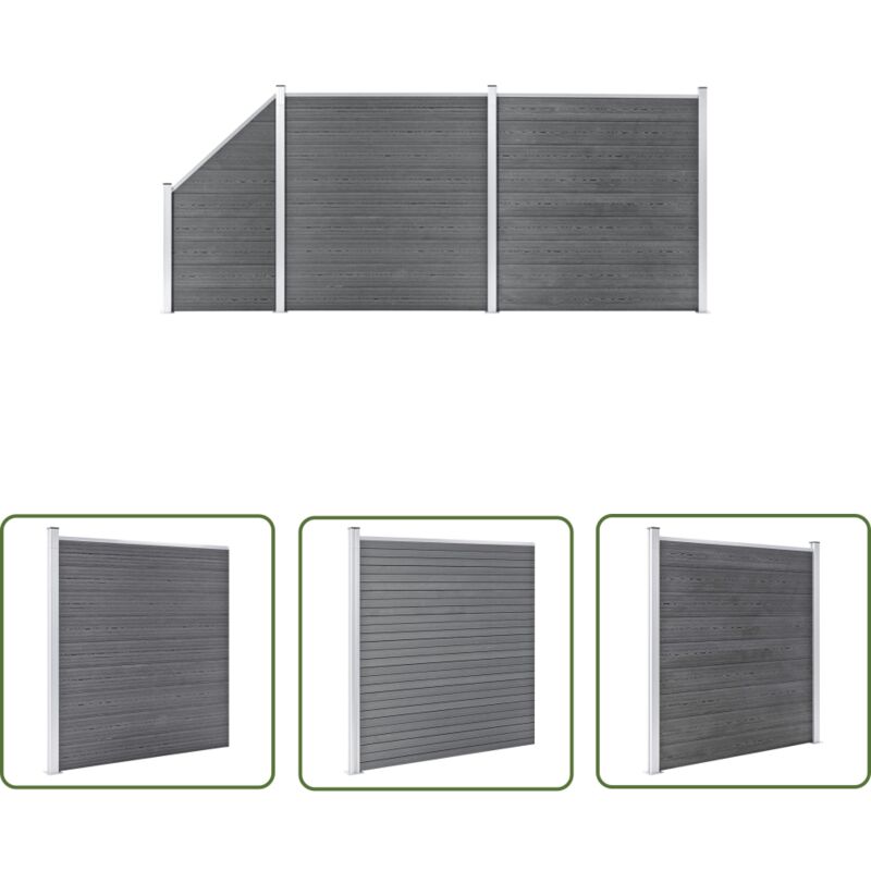 The Living Store WPC Zaun-Set 2 Quadrate + 1 Schräge 446x186 cm Grau - Holz-Zaun - WPC-Zaun - Gartenzaun - Privacy Screen - Sicherheitszaun