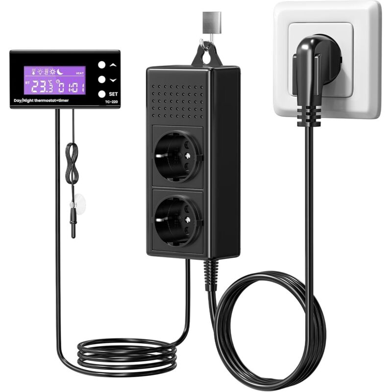 Thermostatstecker mit Sonde, 220V Reptilien-Terrarium-Thermostat Heiz-/Kühltemperaturregler mit Timer für Gewächshaus, Reptilien, Aquarium, Inkubator