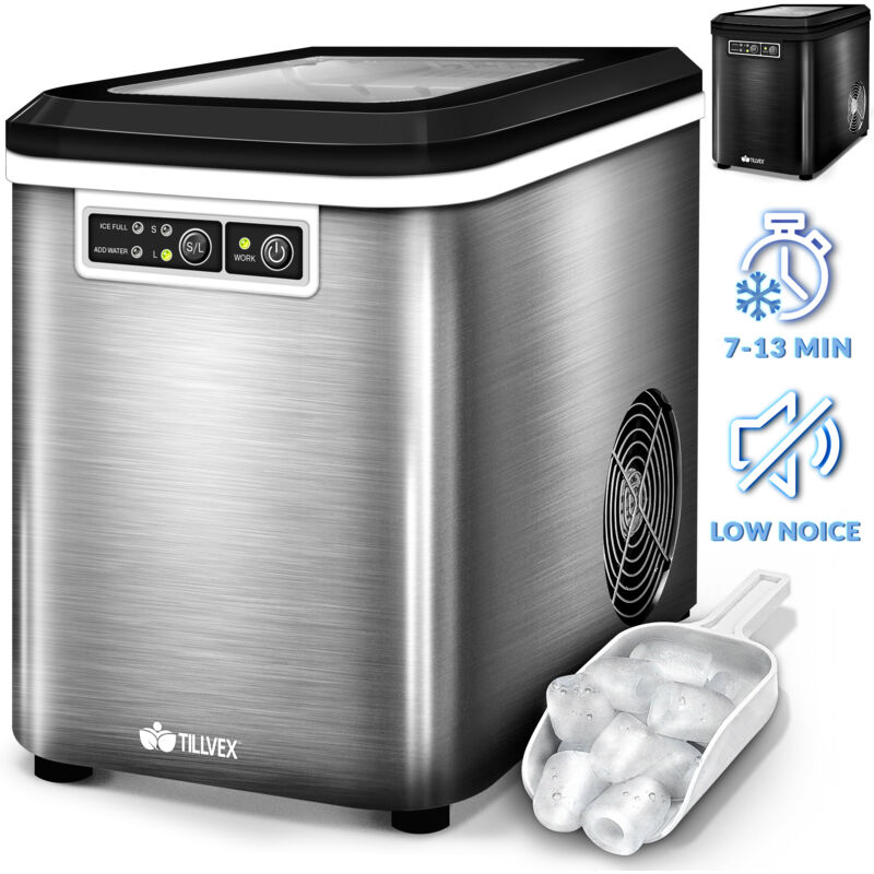 Tillvex - Eiswürfelmaschine Silber Eiswürfelbereiter Edelstahl Eismaschine Icemaker 2,2L