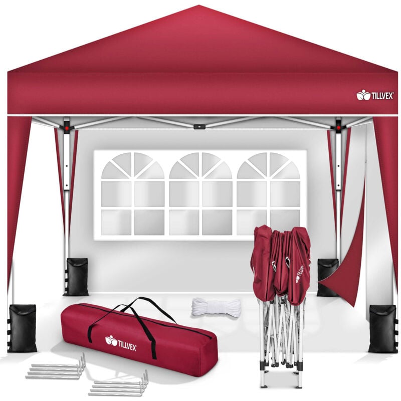 tillvex Pavillon 3x3m wasserdicht Rot - mit 2 Seitenteilen Pop-Up Faltpavillon höhenverstellbar Gartenzelt UV Schutz 50+ Partyzelt mit Tasche für