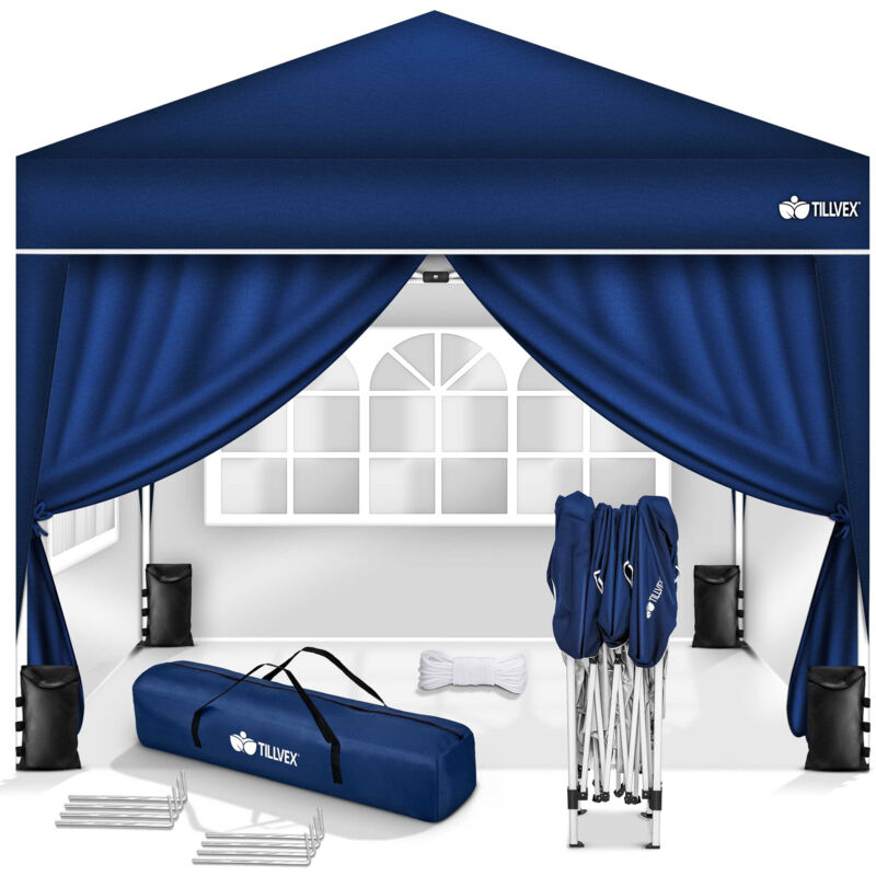 Pavillon 3x3m Blau - mit 4 Seitenteilen wasserdicht Pop-Up Faltpavillon höhenverstellbar Gartenzelt uv Schutz 50+ Partyzelt mit Tasche für Garten