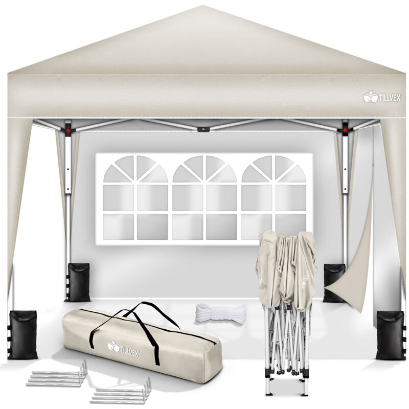 tillvex Pavillon 3x3m Beige - mit 2 Seitenteilen wasserdicht Pop-Up Faltpavillon höhenverstellbar Gartenzelt UV Schutz 50+ Partyzelt mit Tasche für