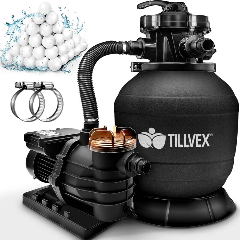 tillvex® Sandfilteranlage Pool Schwarz 13.200L/h bis 40.000L + 1200g Filterbälle Filteranlage 7-Wege Ventil & 2in1 Adapter Ø32-38mm Poolfilter