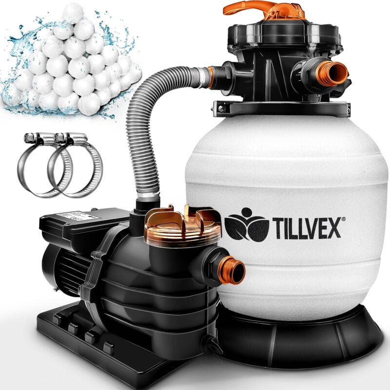 tillvex® Sandfilteranlage Pool Weiß/Orange 13.200L/h bis 40.000L + 1200g Filterbälle Filteranlage 7-Wege Ventil & 2in1 Adapter Ø32-38mm Poolfilter