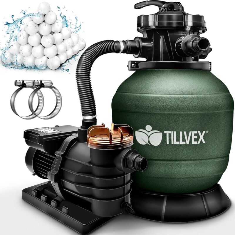 tillvex® Sandfilteranlage Pool Grün 13.200L/h bis 40.000L + 1200g Filterbälle Filteranlage 7-Wege Ventil & 2in1 Adapter Ø32-38mm Poolfilter