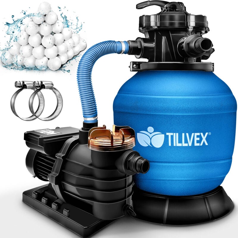 tillvex® Sandfilteranlage Pool Blau 13.200L/h bis 40.000L + 1200g Filterbälle Filteranlage 7-Wege Ventil & 2in1 Adapter Ø32-38mm Poolfilter