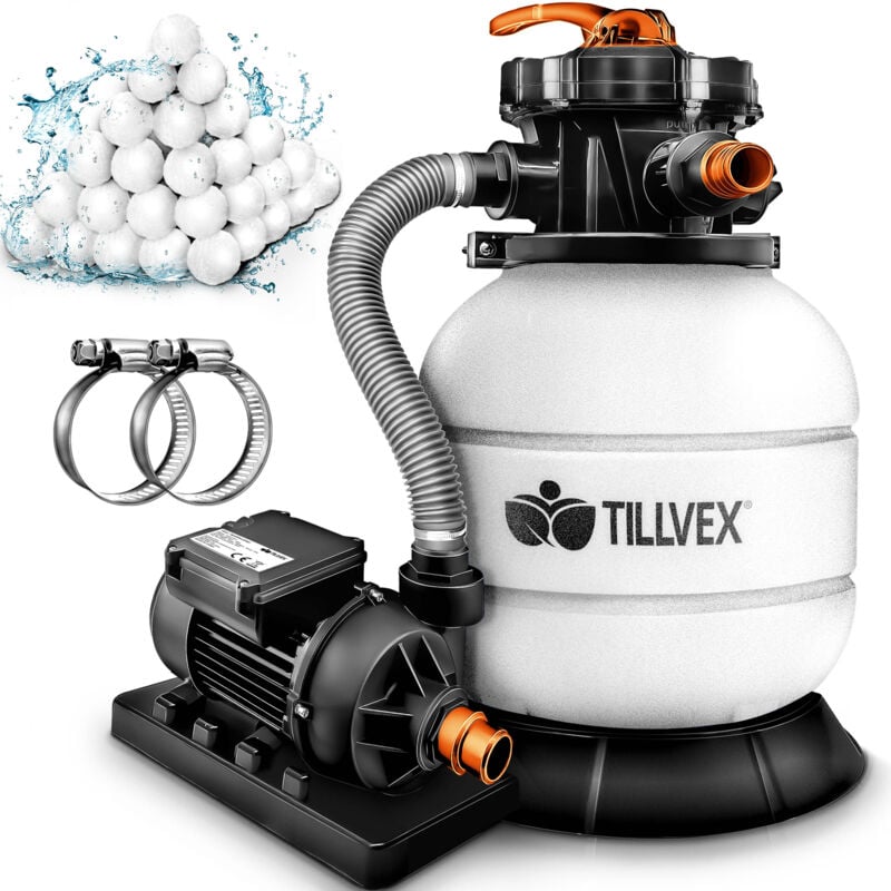 tillvex® Sandfilteranlage Pool 7.900L/h inkl. 400g Filterbälle Filteranlage 7-Wege Ventil & 2in1 Adapter Ø32mm - 38mm Poolfilter mit Druckanzeige