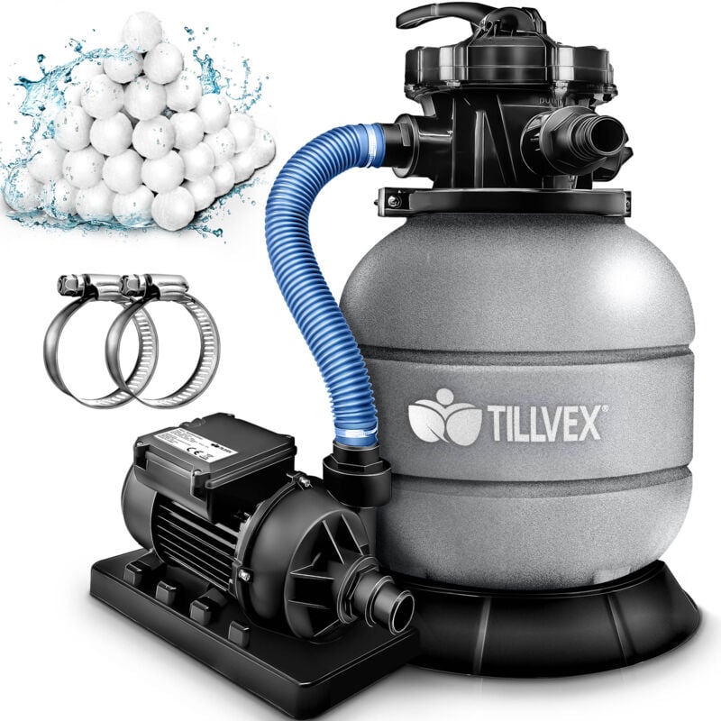 tillvex® Sandfilteranlage Pool 7.900L/h inkl. 400g Filterbälle grau Filteranlage 7-Wege Ventil & 2in1 Adapter Ø32mm - 38mm Poolfilter mit