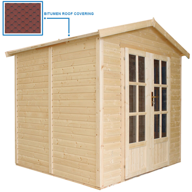 Garten Holzhaus mit Bitumenschindeln der roten Farbe, B233xT222xH233 cm, Modernes Gartenhaus als Home-Office, Abschließbares Gartenhaus, Home Office