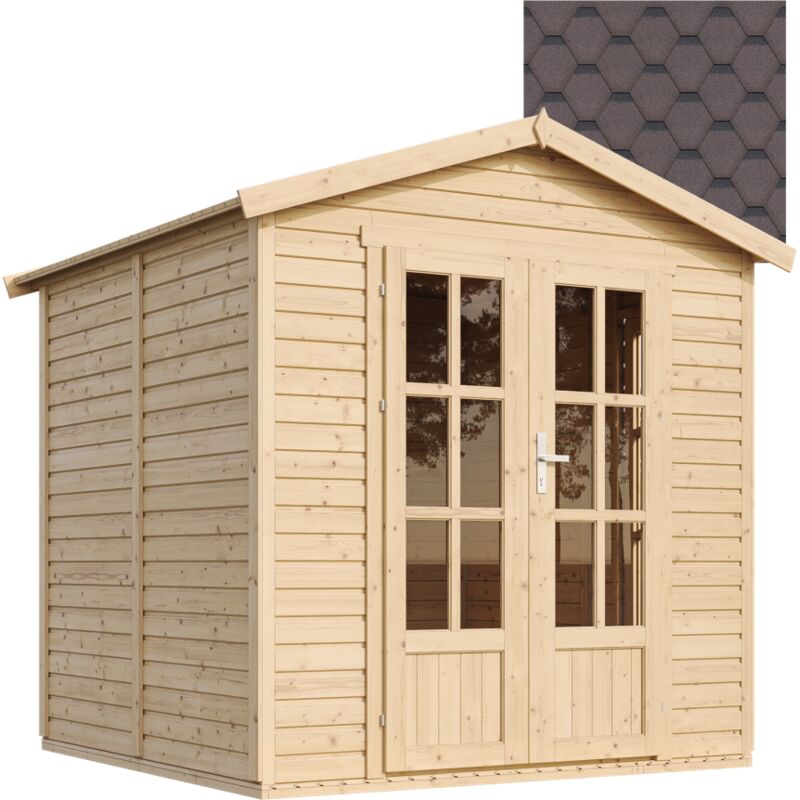 Garten Holzhaus mit Bitumenschindeln der braun Farbe, B233xT222xH233 cm, Modernes Gartenhaus als Home-Office, Abschließbares Gartenhaus, Home Office